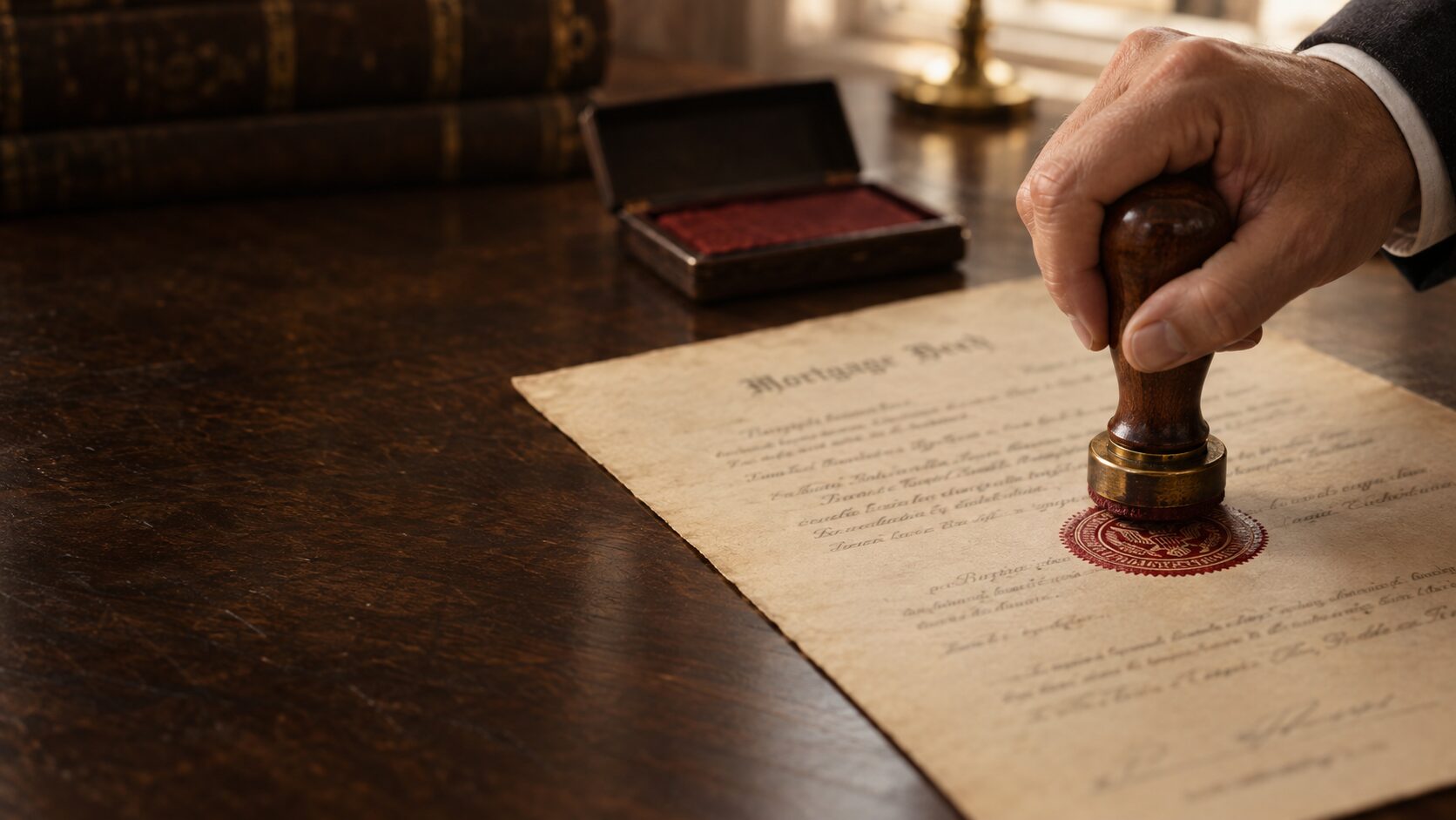 A hand pressing an official red recording stamp onto a mortgage deed document